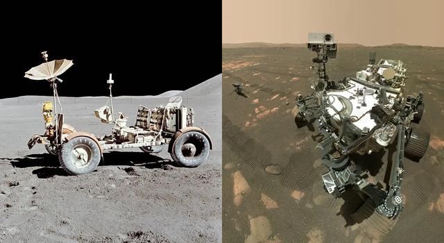 On the left is an Apollo lunar rover, which has a similar design to a go-kart. On the right is the Perseverance Mars rover, which is much taller and looks more like a wheeled robot with a head, neck, and hand.