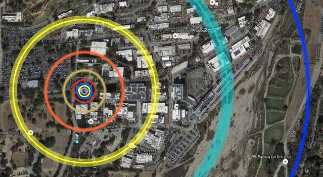 A satellite image of NASA's Jet Propulsion Laboratory overlaid with circles of different colors and sizes representing the orbits of planets in a scale size and distance model of the solar system