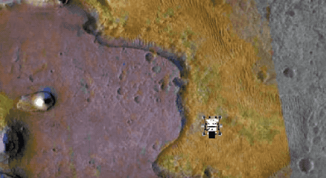 Animated image showing a Mars image with a cartoon rover moving across the surface