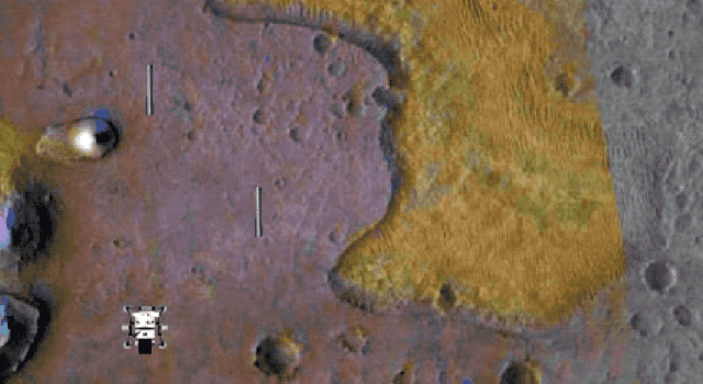 Animated image showing a Mars image with a cartoon rover moving across the surface collecting sample tube icons
