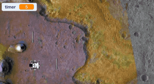Animated image showing a Mars image with a cartoon rover moving across the surface collecting sample tube icons as a timer in the upper left corner counts down