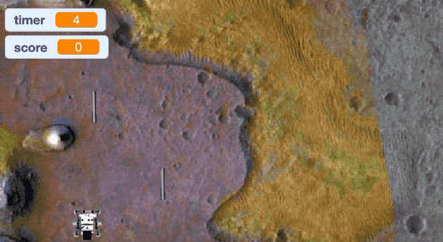 Animated image showing a Mars image with a cartoon rover moving across the surface collecting sample tube icons as a timer in the upper left corner counts down as points are tallied in a score area