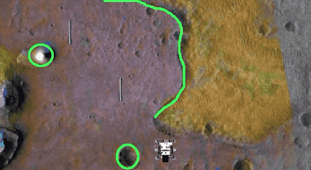 Animated image showing a Mars image with a cartoon rover moving across the surface avoiding neon green outlined areas
