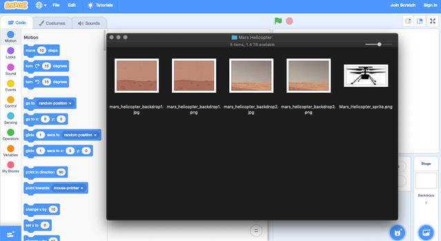 Screengrab of Scratch with a window showing the helicopter backdrop options