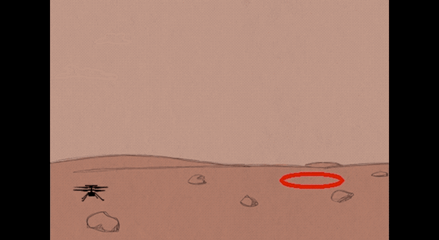 A cartoon animation of game play shows the Mars helicopter flying toward a red circle landing area on the ground.