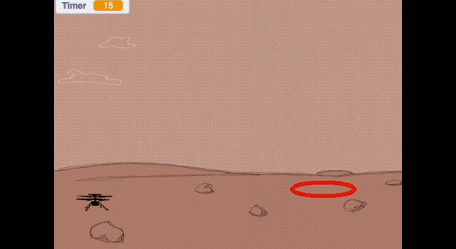 A cartoon animation of game play shows the Mars helicopter flying toward a red landing target as a timer in the upper left corner counts down from 13