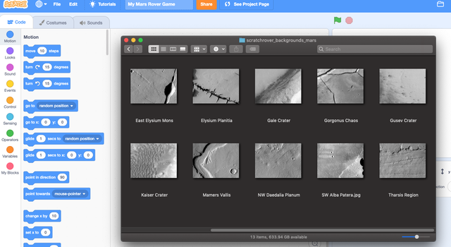 Scratch project dashboard and a window showing options for Mars surface images.