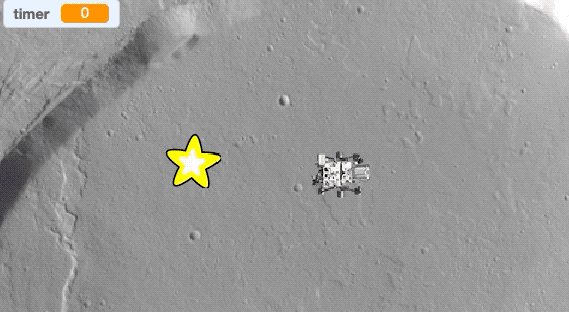 Animated image of the Mars rover sprite rolling collecting science targets (yellow stars) while a timer counts down to 0. The timer runs out and a word bubble says "Mission Over."