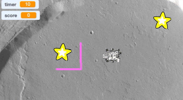Animated image of the Mars rover sprite driving around an L-shaped "hazard" and then running into it. When the rover runs into the hazard, a word bubble reads "Hazard!"