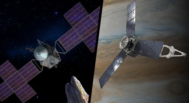 Two spacecraft are depicted with large rectangular solar panels jutting out from their sides likes wings. The Juno spacecraft, shown orbiting Jupiter, has three evenly spaced solar panels while Psyche, shown orbiting an asteroid, has two shaped like plus
