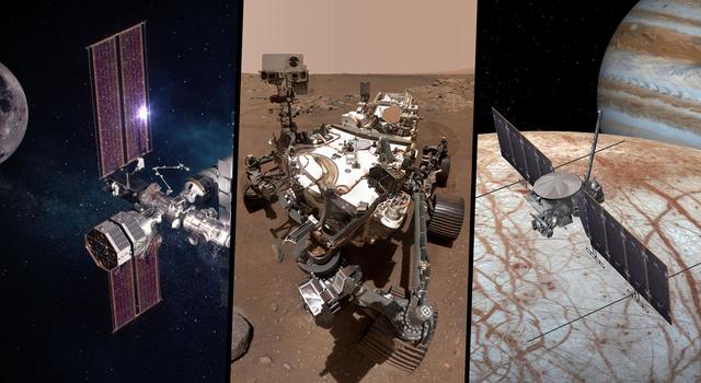 Collage of three images showing a artist concept of the Artemis gateway spacecraft, a selfie taken by the Perseverance rover on Mars, and an artists concept of the Europa Clipper mission orbiting Europa with Jupiter in the distance.