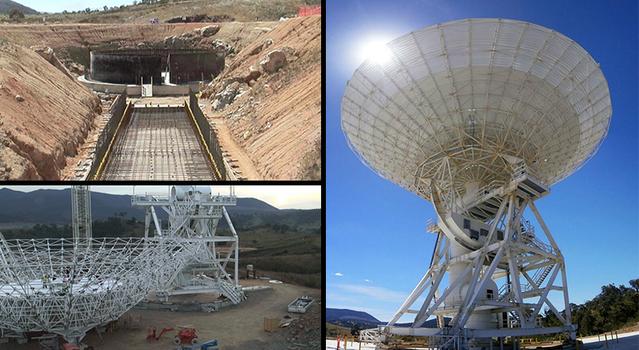 DSN antenna being built next to image of finalized antenna