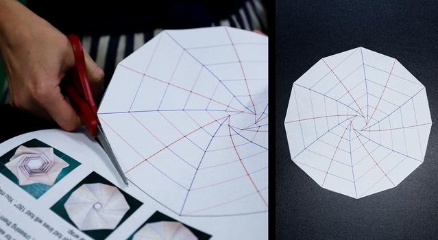 Side-by-side images of a person cutting out the Starshade Template and the completely cut out template