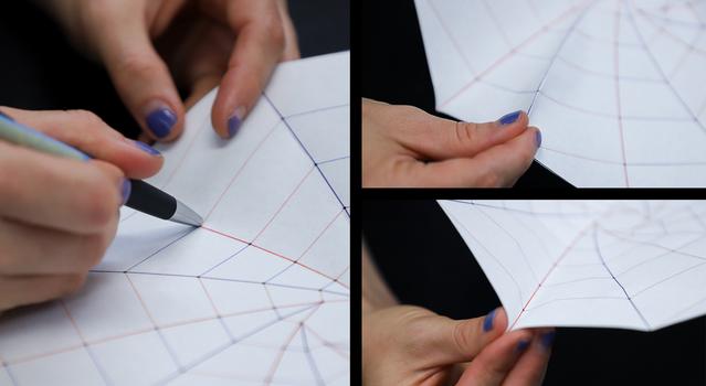 A series of images showing someone scoring the template with a ballpoint pen and folding the template according to the instructions