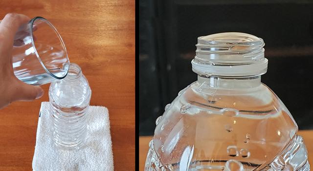 Side-by-side image showing water being poured into a water bottle and a close-up of the full water bottle