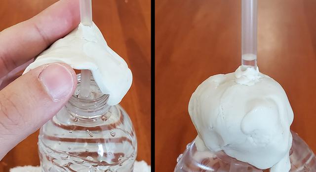 Side-by-side images showing a clay-wrapped straw being put onto a water bottle