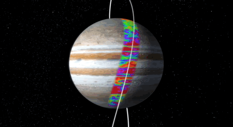 Animación de la nave espacial Juno mapeando a Júpiter