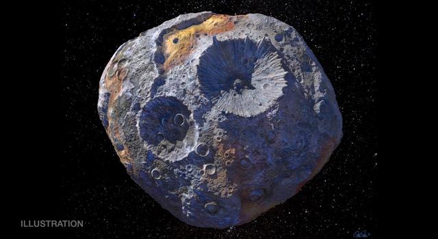 Illustration of a large purple and yellow asteroid with multiple craters on its rough surface.