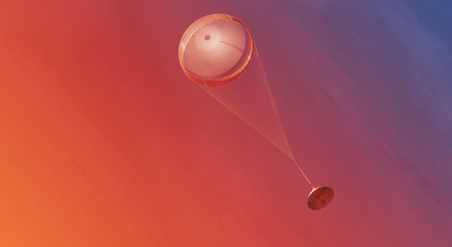 Graphic showing a parachute carrying an aeroshell containing a Mars rover