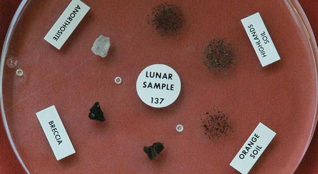 A plastic disc with slivers and speckles of lunar and meteorite samples.