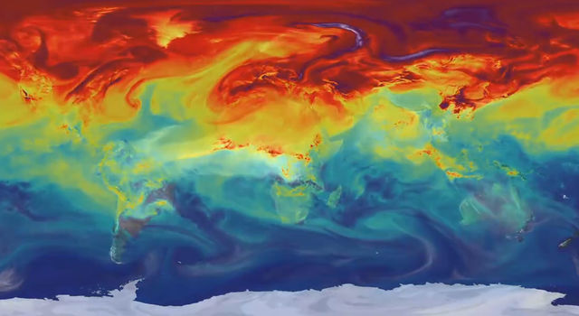 Graphic showing a flat projection of Earth with swirls of color representing carbon dioxide concentrations measured by NASA.