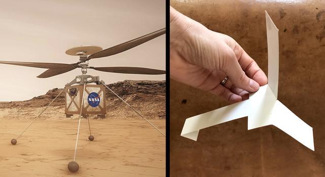 Illustration of the Mars helicopter, Ingenuity, next to a photo of a paper helicopter