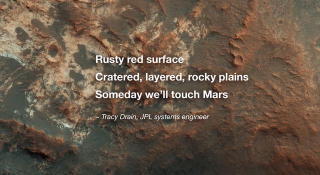 Overhead image of a rusty red and tan Mars surface with a poem overlaid.