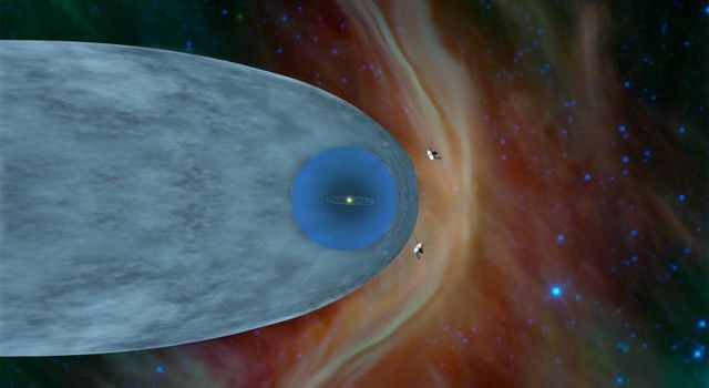 This illustration shows the position of NASA's Voyager 1 and Voyager 2 probes, outside of the heliosphere, a protective bubble created by the Sun that extends well past the orbit of Pluto.