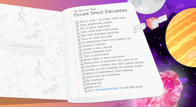 An open notebook with the checklist described in the caption is show next to illustrations of spacecraft, stars, and nebulae.
