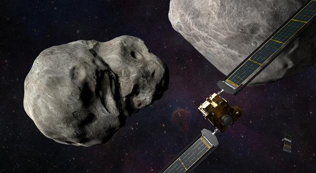 A small cube-shaped spacecraft with long wing-like solar panels is shown flying towards a relatively large asteroid with an even bigger asteroid nearby.