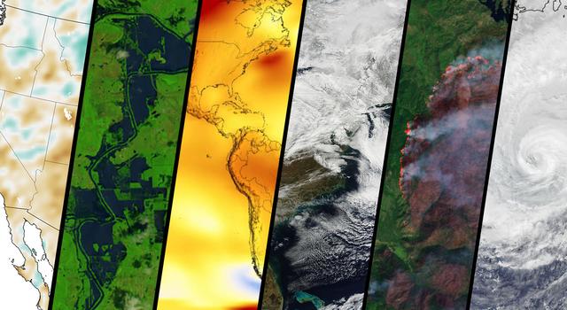 Side-by-side satellite and data images of soil moisture, flooding, temperature, a snowstorm, a wildfire and a hurricane