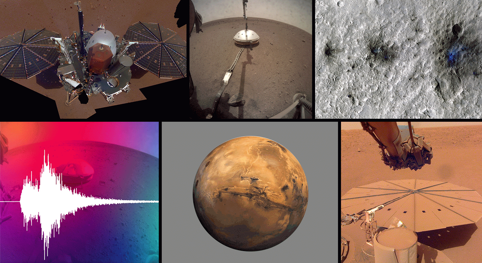 Collage of images and graphics from the InSight Mars lander mission. Links to full images and descriptions in caption.