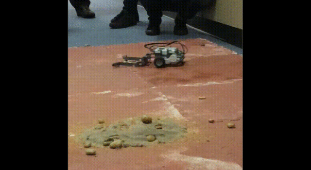 Animated gif of miniature rovers driving through an obstacle course