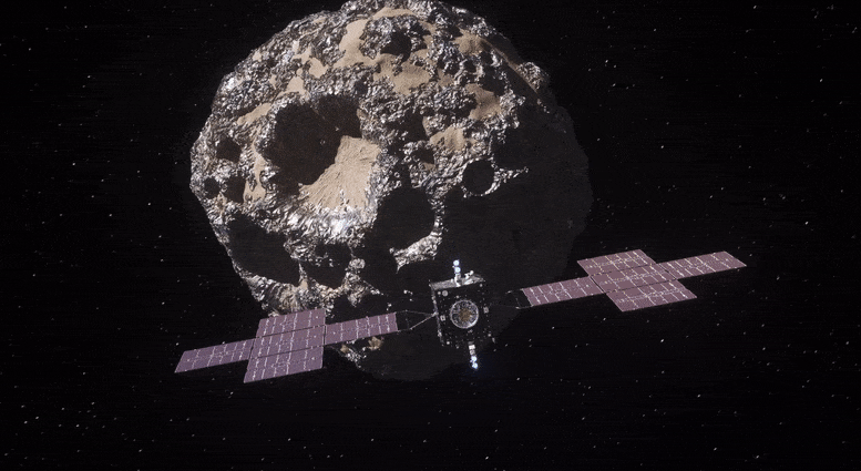 A cube-shaped spacecraft with two long wing-like solar arrays in the shape of crosses flies toward a large asteroid that appears to have patches of rocky and metal material on its surface