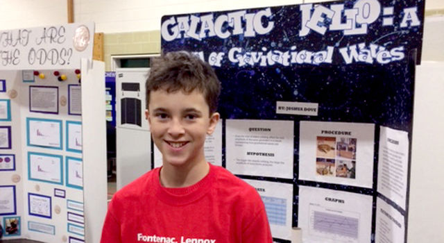 8th grader Josh Dove with his science fair project inspired by JPL Education's "Dropping in With Gravitational Waves" activity.