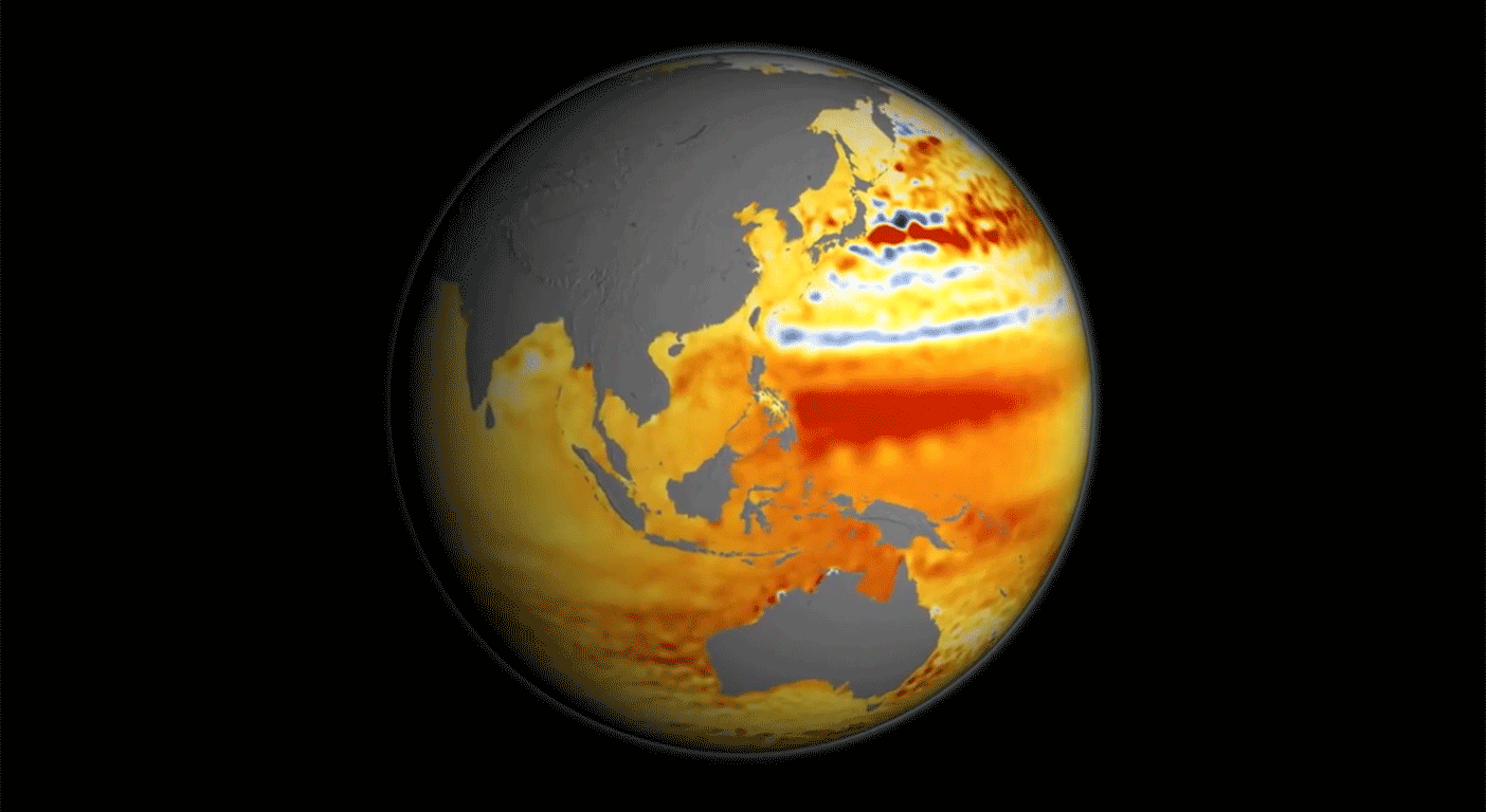 Animated image of sea level data super-imposed on a rotating Earth